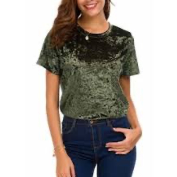 Anthropologie Kyla Seo Olive Green Velvet Velour Short Sleeve Handmade Crewneck - Picture 1 of 7